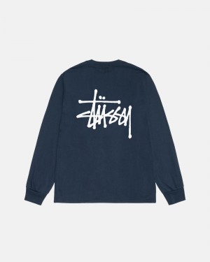 Stussy Basic Ls T Shirts Navy | 03486QMRW