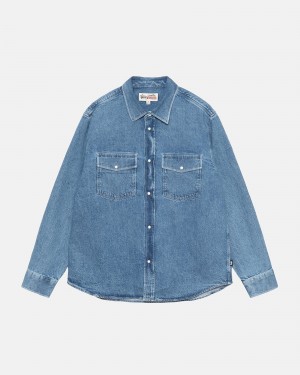 Stussy Boxy Western Denim Shirts Light Blue | 27608MIKO