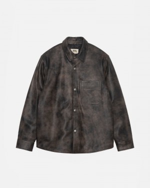 Stussy Leather Overshirt Black | 01738IUFK