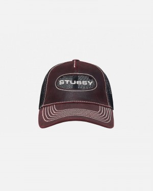 Stussy Low Pro Trucker Cut-out Leather Snapback Caps Burgundy | 90274VZUE