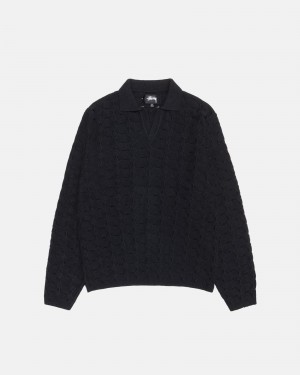 Stussy Open Knit Collared Sweaters Black | 65481XDWC