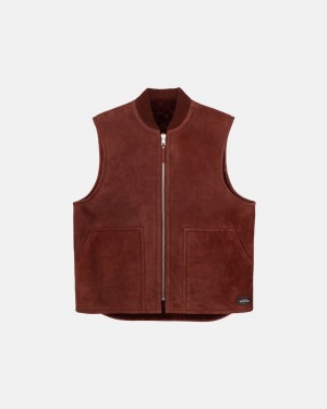 Stussy Reversible Shearling Workgear Vest Burgundy | 02486GKUL