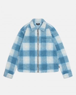 Stussy Zip Sherpa Shadow Plaid Coats Light Blue | 43708DFAL