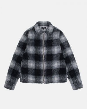 Stussy Zip Sherpa Shadow Plaid Shirts Black | 05869TOMU