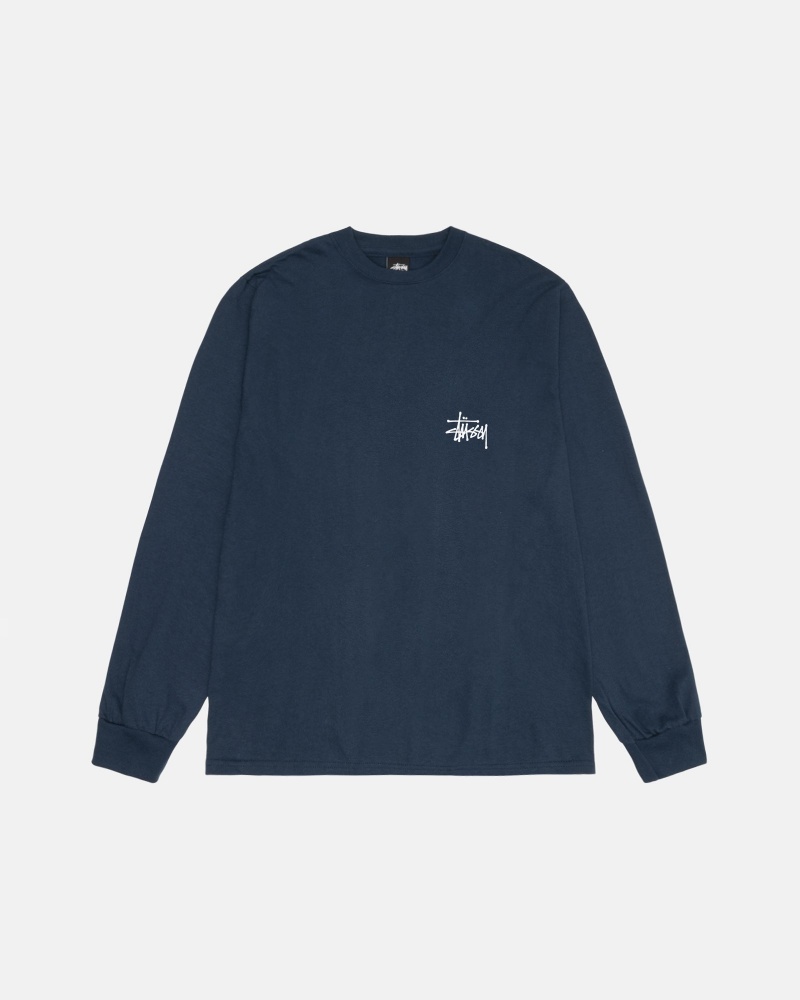 Stussy Basic Ls T Shirts Navy | 03486QMRW