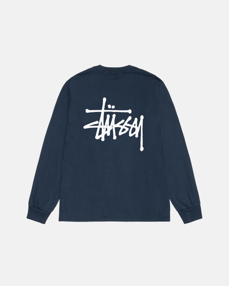 Stussy Basic Ls T Shirts Navy | 03486QMRW