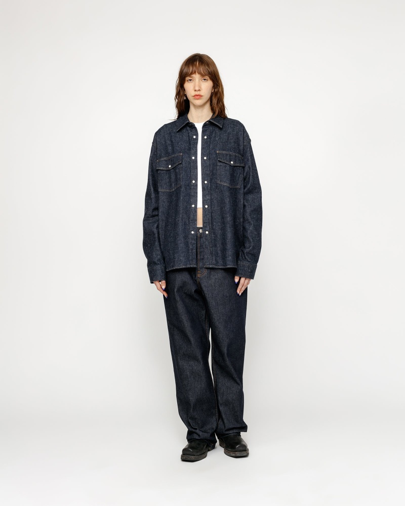 Stussy Boxy Western Denim Shirts Dark Blue | 94816VWFZ