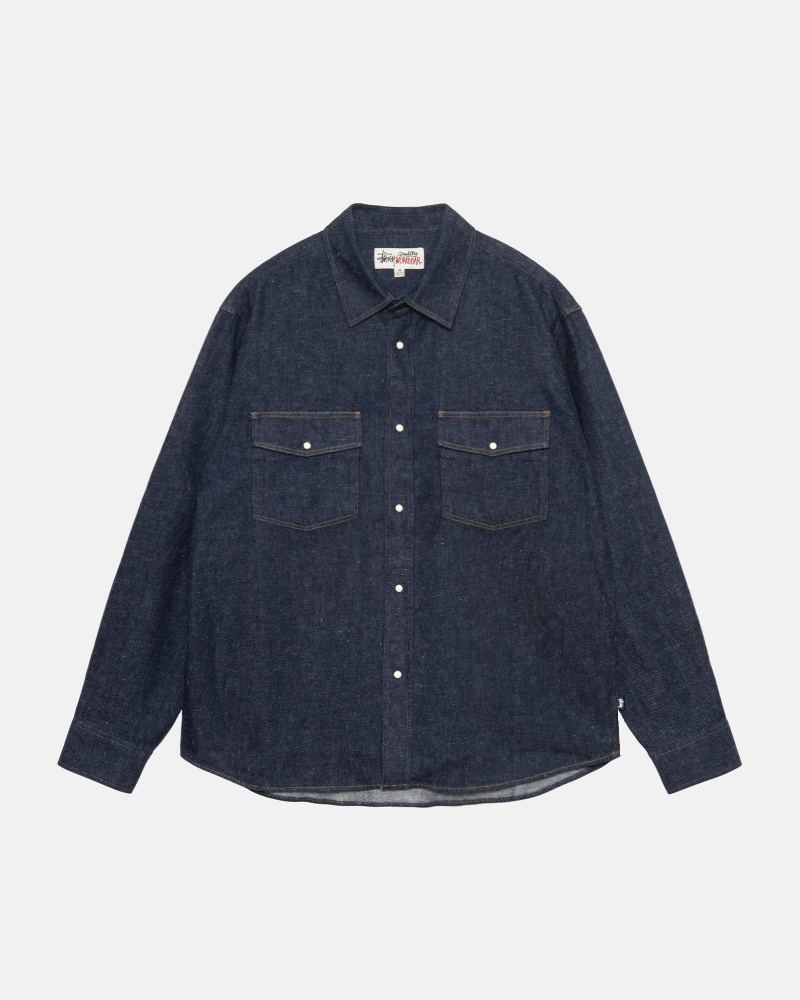 Stussy Boxy Western Denim Shirts Dark Blue | 94816VWFZ