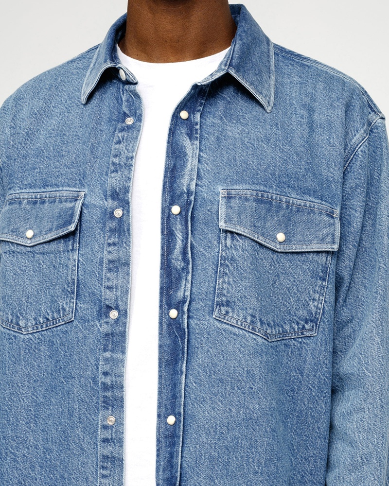 Stussy Boxy Western Denim Shirts Light Blue | 27608MIKO