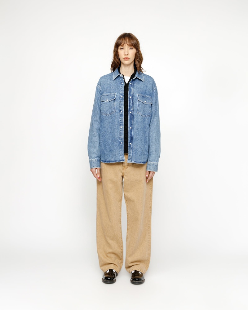 Stussy Boxy Western Denim Shirts Light Blue | 27608MIKO