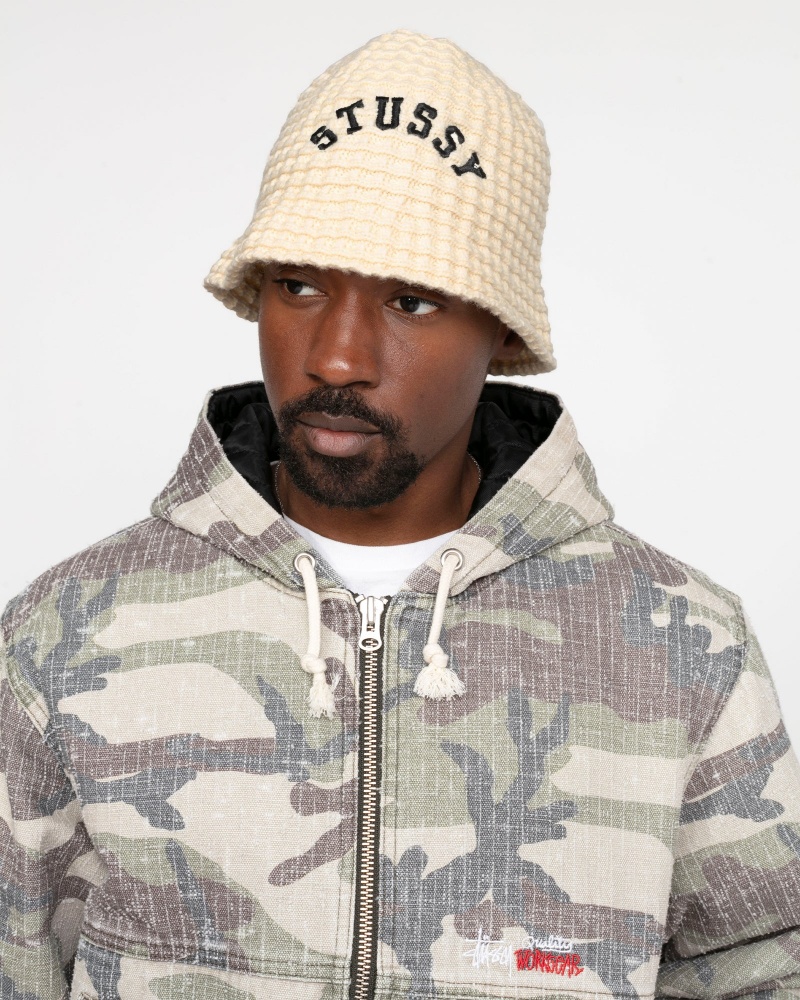 Stussy Bucket Waffle Knit Hats Beige | 79108MTNQ