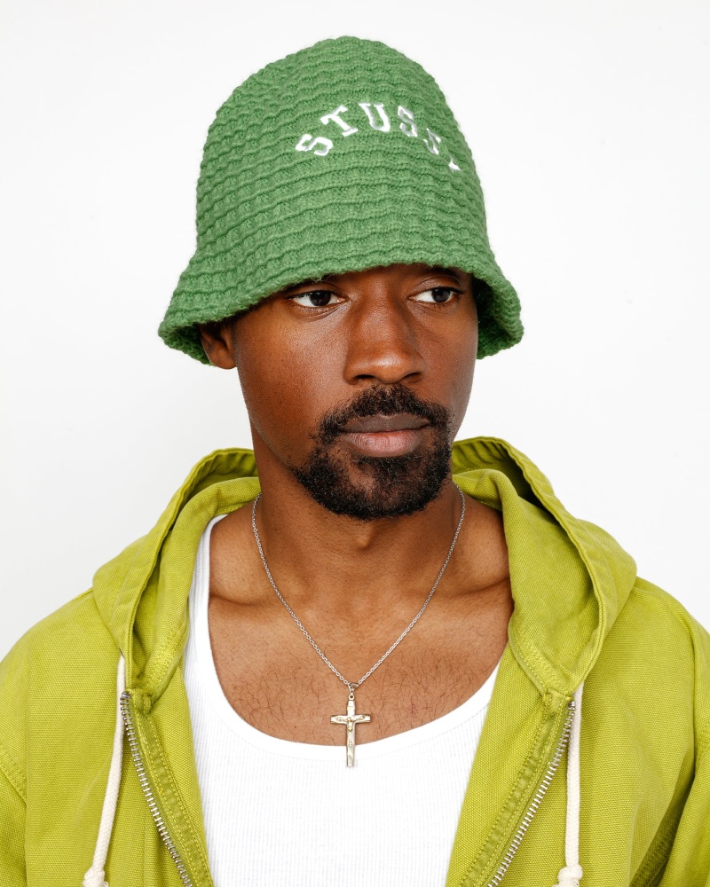 Stussy Bucket Waffle Knit Hats Green | 05416MRLB