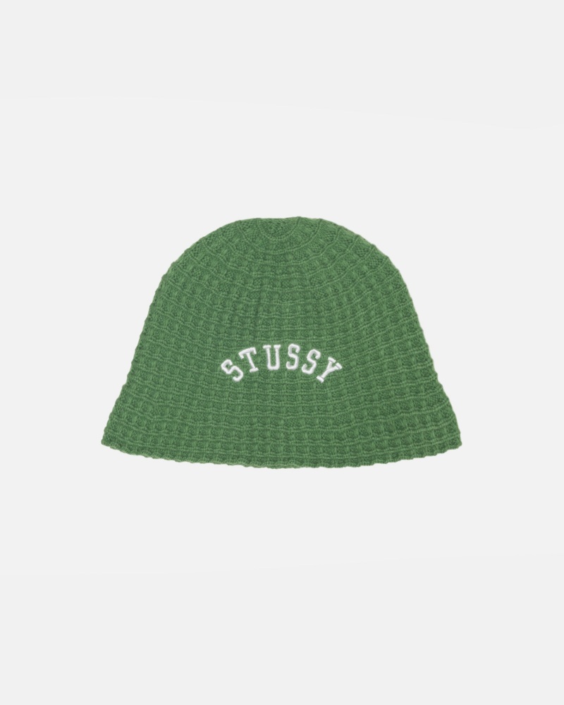 Stussy Bucket Waffle Knit Hats Green | 05416MRLB