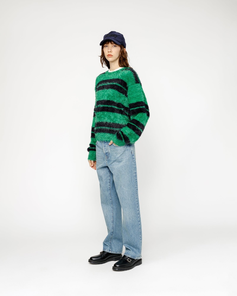 Stussy Hairy Stripe Crew Sweaters Black / Green | 56904WZRL