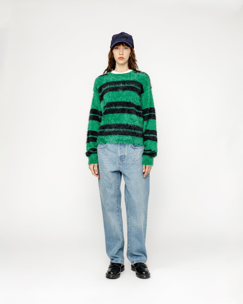 Stussy Hairy Stripe Crew Sweaters Black / Green | 56904WZRL