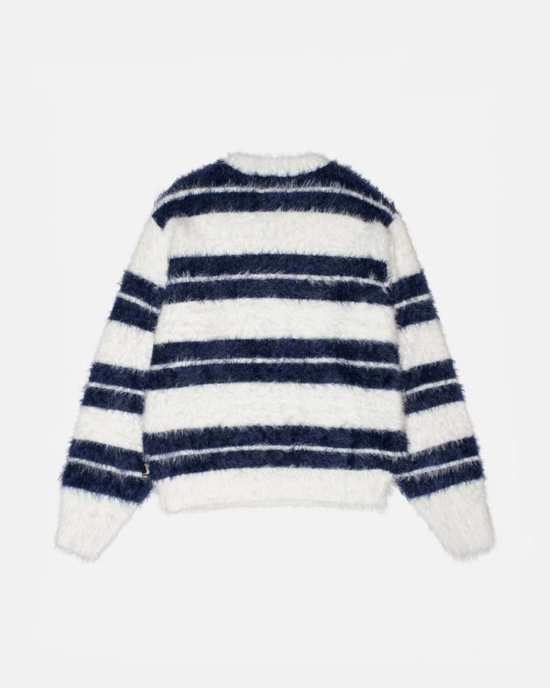 Stussy Hairy Stripe Crew Sweaters White / Navy | 94236IAWZ