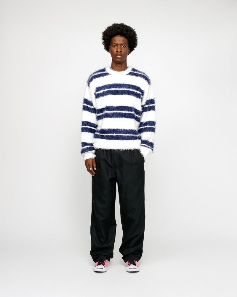 Stussy Hairy Stripe Crew Sweaters White / Navy | 94236IAWZ