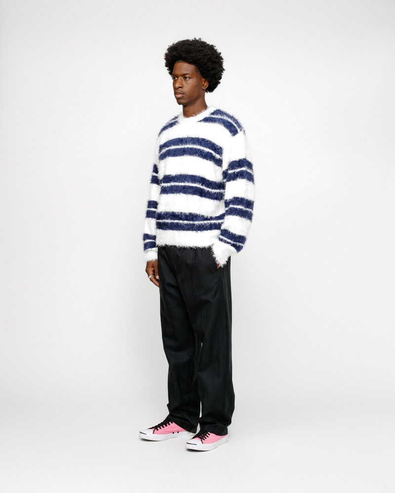 Stussy Hairy Stripe Crew Sweaters White / Navy | 94236IAWZ