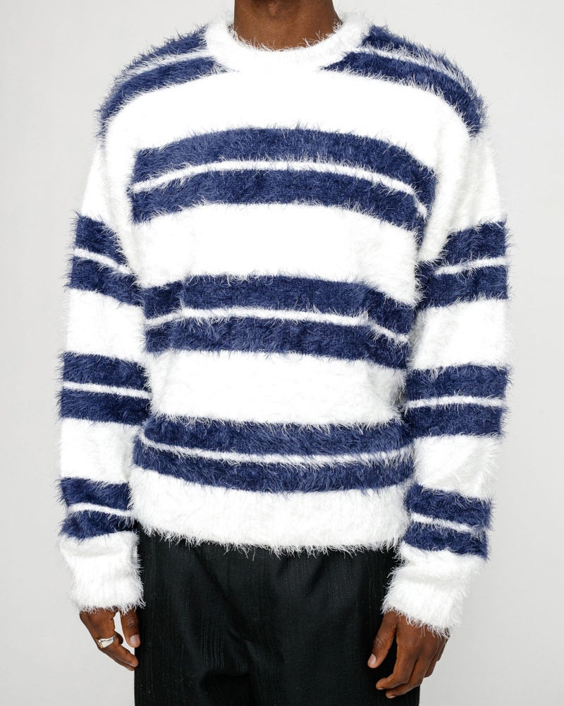 Stussy Hairy Stripe Crew Sweaters White / Navy | 94236IAWZ