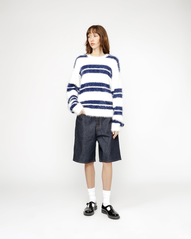 Stussy Hairy Stripe Crew Sweaters White / Navy | 94236IAWZ