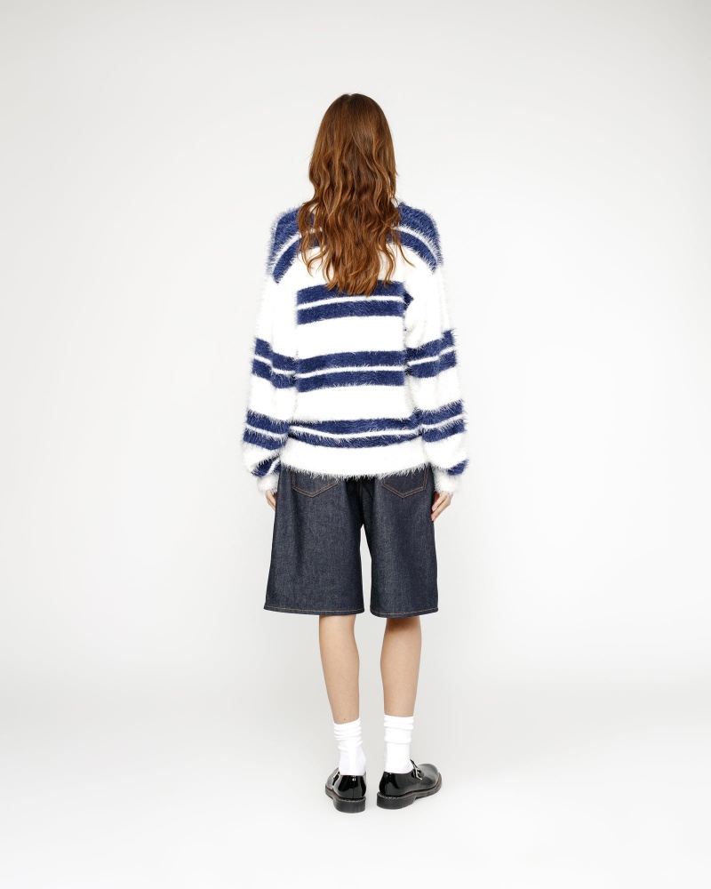 Stussy Hairy Stripe Crew Sweaters White / Navy | 94236IAWZ