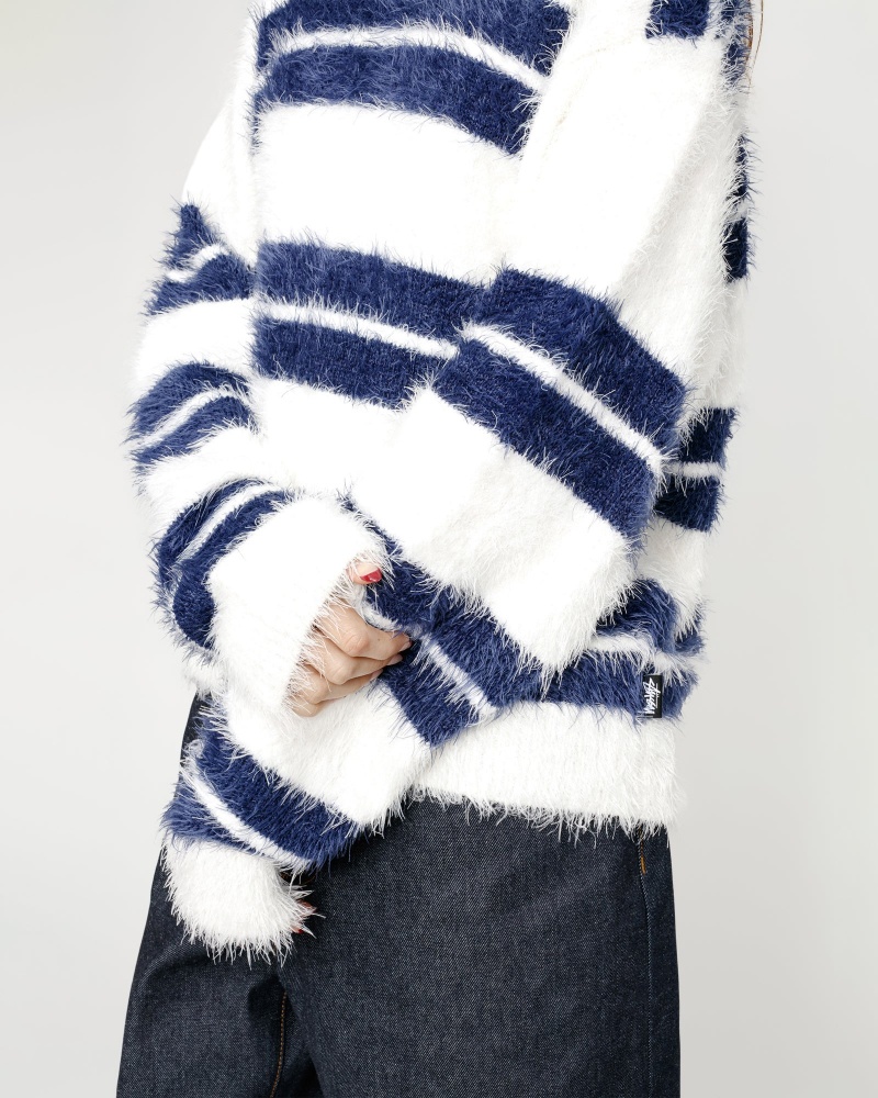 Stussy Hairy Stripe Crew Sweaters White / Navy | 94236IAWZ