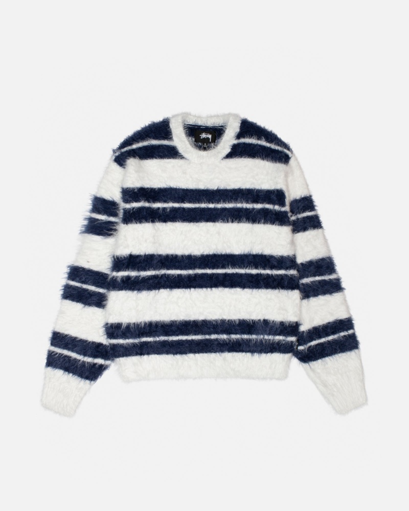 Stussy Hairy Stripe Crew Sweaters White / Navy | 94236IAWZ