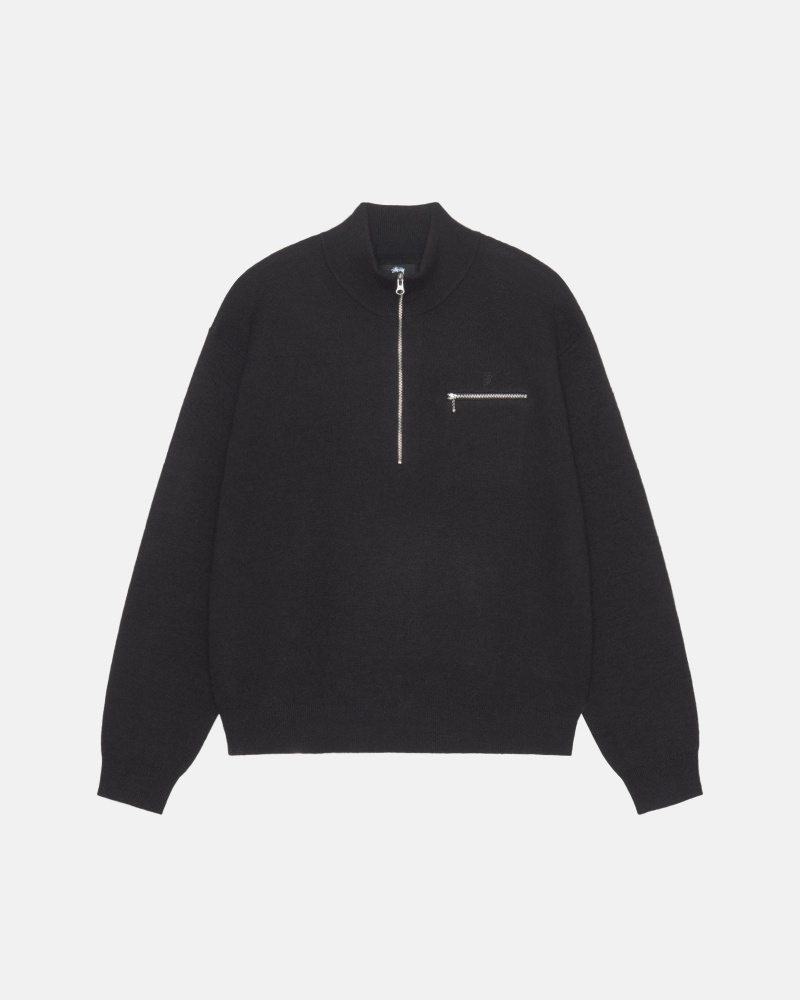 Stussy Half Zip Mock Neck Sweaters Black | 14927HKJL