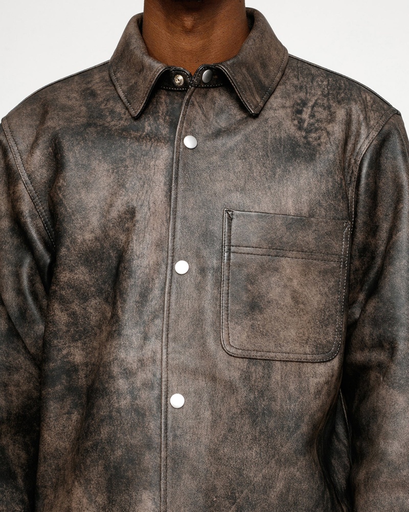 Stussy Leather Overshirt Black | 01738IUFK