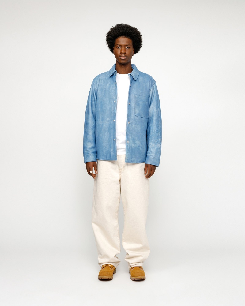 Stussy Leather Overshirt Blue | 60912IAZQ