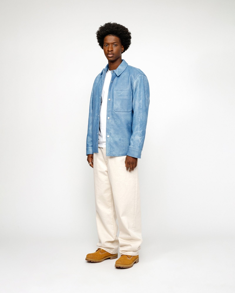 Stussy Leather Overshirt Blue | 60912IAZQ