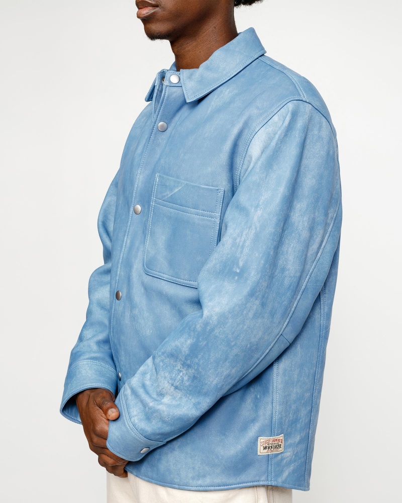 Stussy Leather Overshirt Blue | 60912IAZQ