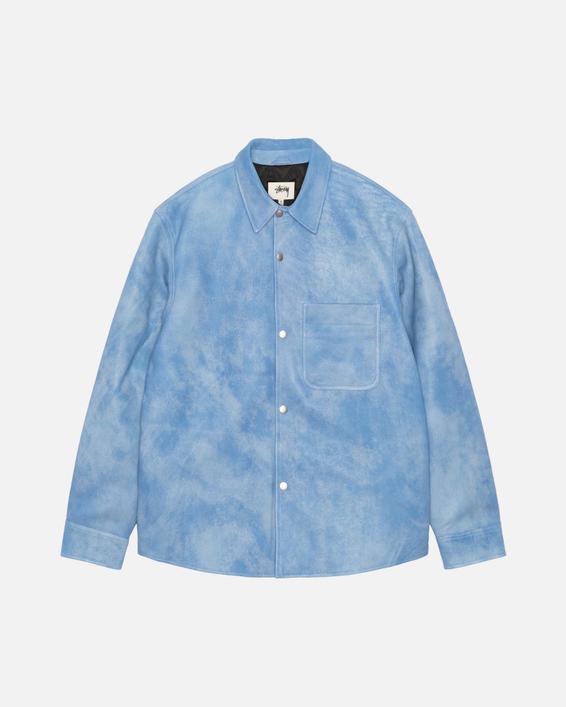 Stussy Leather Overshirt Blue | 60912IAZQ