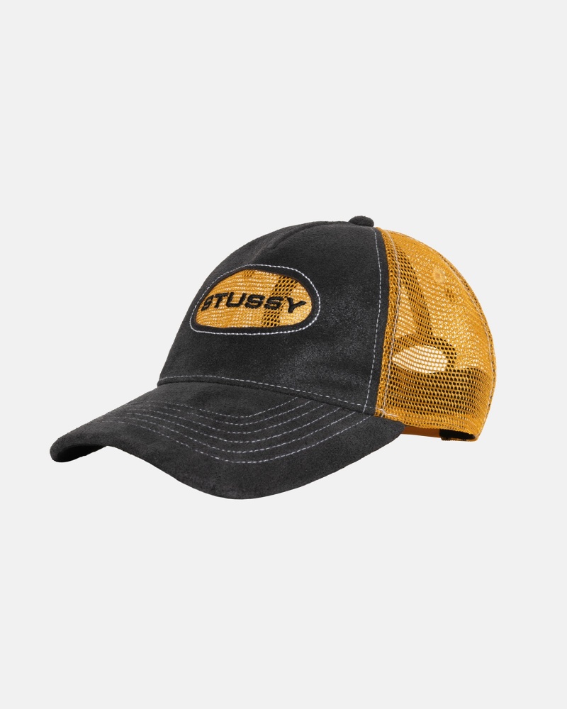 Stussy Low Pro Trucker Cut-out Leather Snapback Caps Orange | 12547YVKS