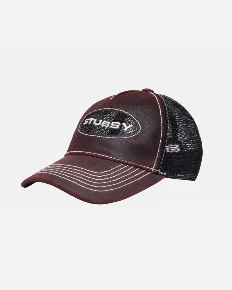 Stussy Low Pro Trucker Cut-out Leather Snapback Caps Burgundy | 90274VZUE