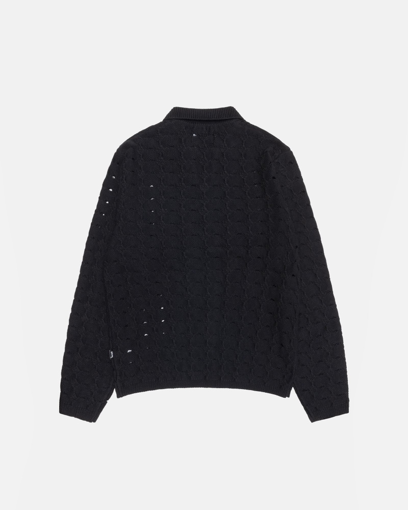 Stussy Open Knit Collared Sweaters Black | 65481XDWC