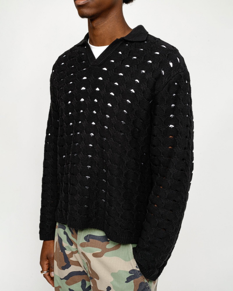 Stussy Open Knit Collared Sweaters Black | 65481XDWC