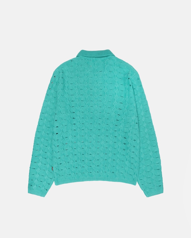 Stussy Open Knit Collared Sweaters Turquoise | 02876UJMA