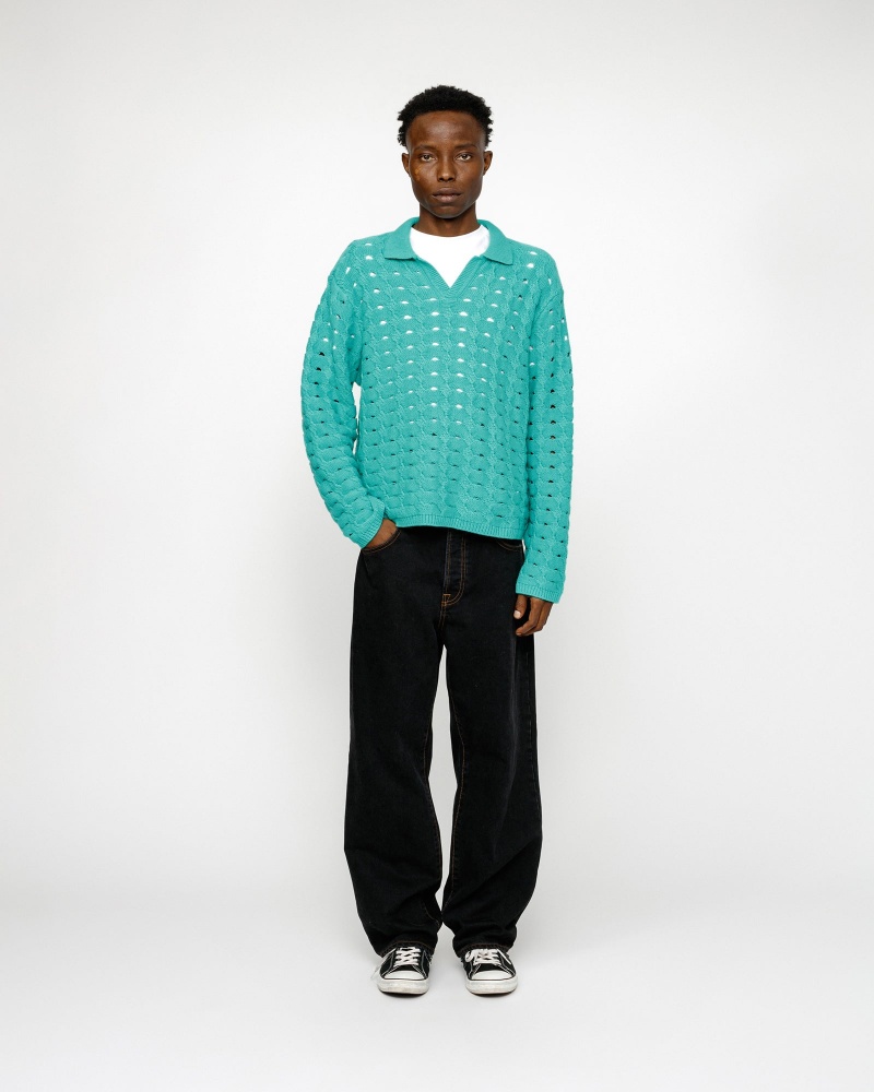 Stussy Open Knit Collared Sweaters Turquoise | 02876UJMA