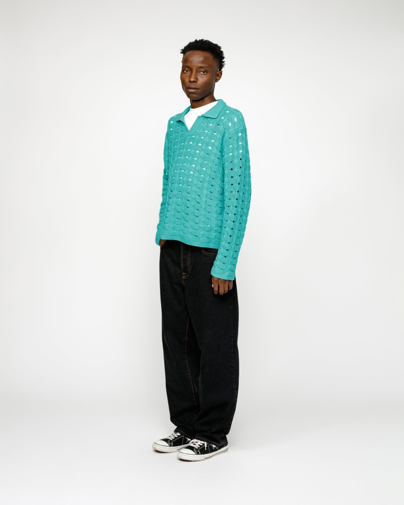 Stussy Open Knit Collared Sweaters Turquoise | 02876UJMA