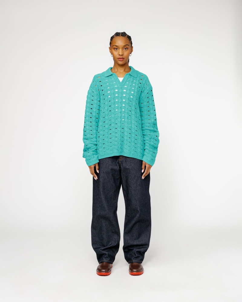 Stussy Open Knit Collared Sweaters Turquoise | 02876UJMA