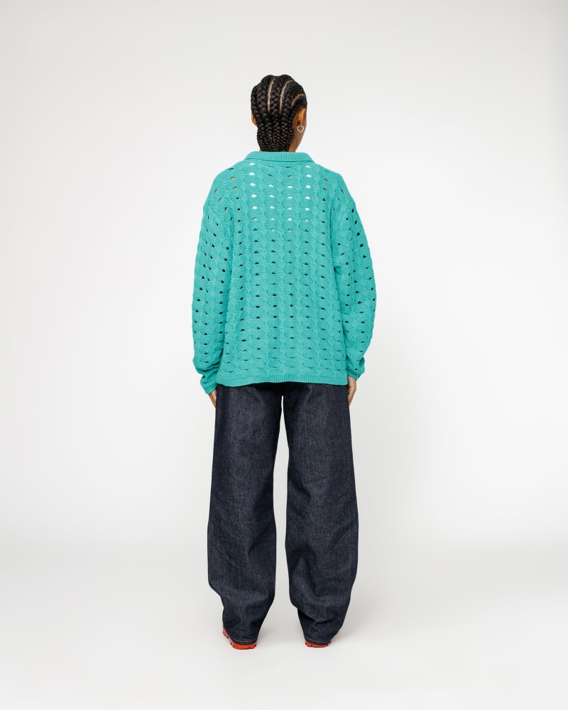 Stussy Open Knit Collared Sweaters Turquoise | 02876UJMA