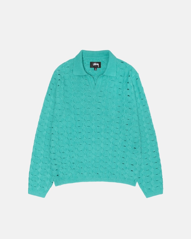 Stussy Open Knit Collared Sweaters Turquoise | 02876UJMA