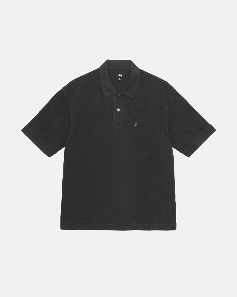 Stussy Pigment Dyed Pique Polo Tops Black | 30948OQRH