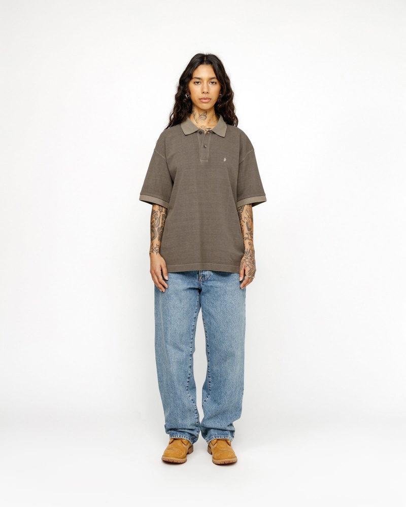 Stussy Pigment Dyed Pique Polo Tops Grey Brown | 68350DOQZ