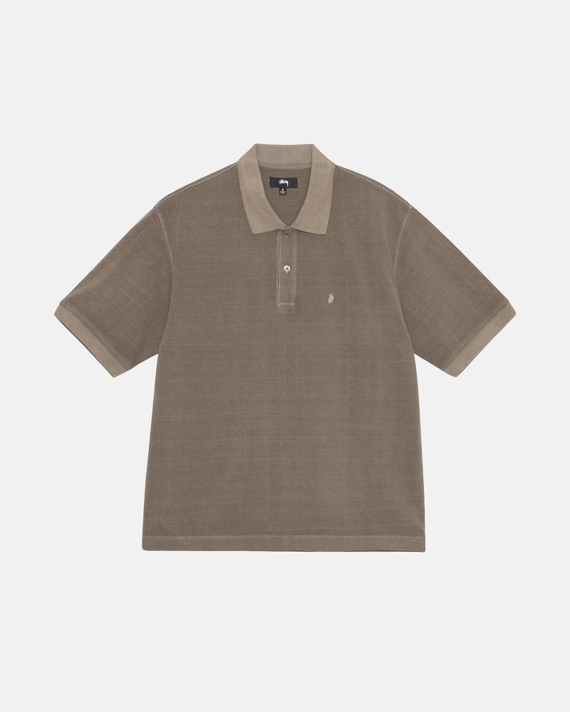 Stussy Pigment Dyed Pique Polo Tops Grey Brown | 68350DOQZ