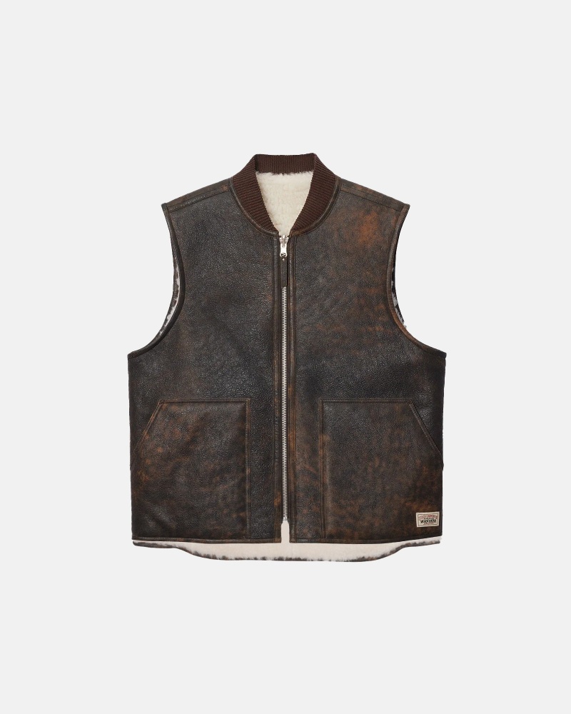 Stussy Reversible Shearling Workgear Vest Brown | 78143GZUR