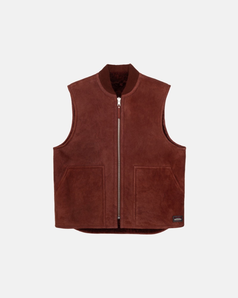 Stussy Reversible Shearling Workgear Vest Burgundy | 02486GKUL