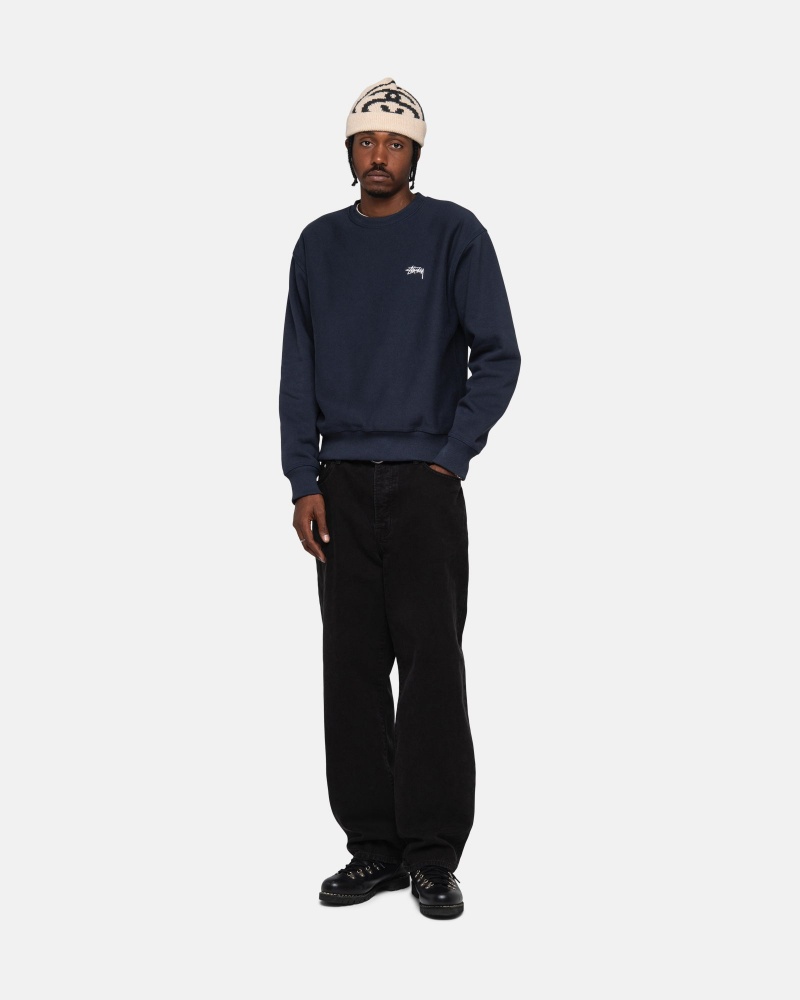 Stussy Stock Logo Crew Sweatshirts Navy | 12976HLXD