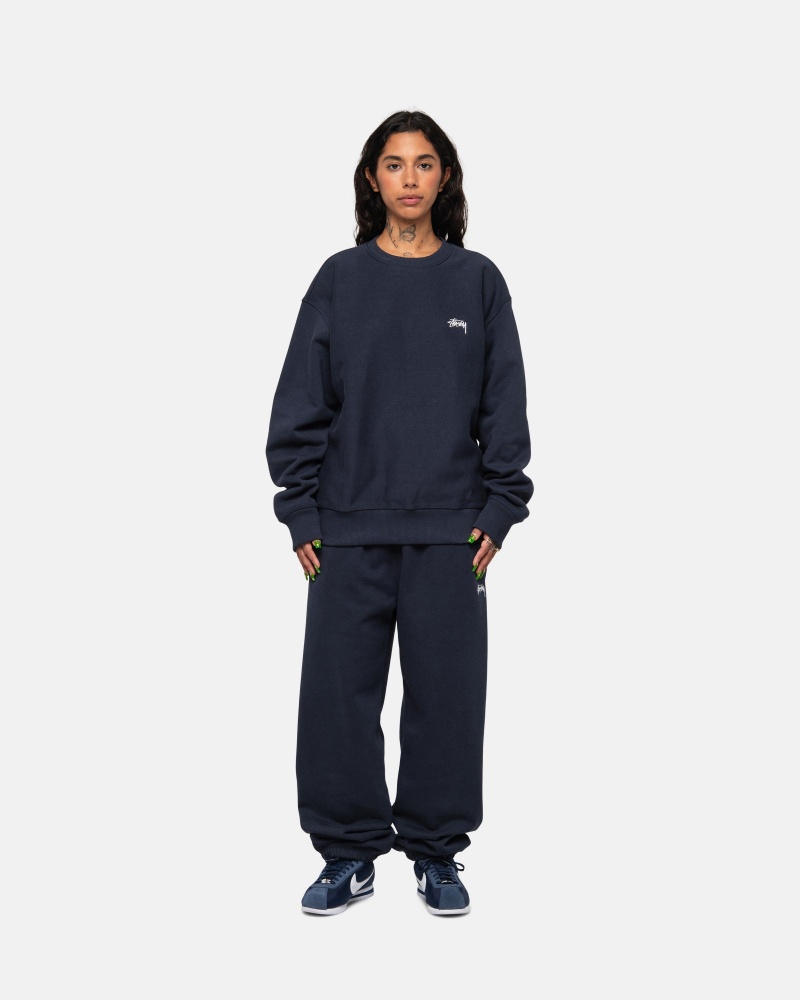 Stussy Stock Logo Crew Sweatshirts Navy | 12976HLXD